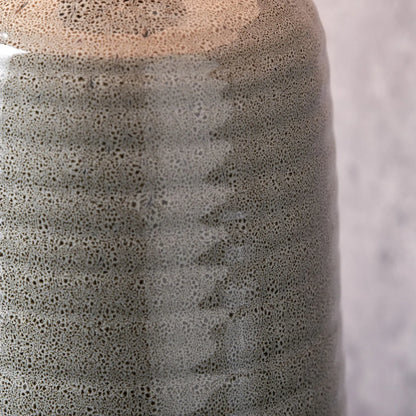 Smokey Green Ribbed Ceramic Table Lamp with White Tapered Cotton Shade & Reactive Glaze Finish – Sculptural Bottle-Shaped Table Light 49x30x30cm | Click Style