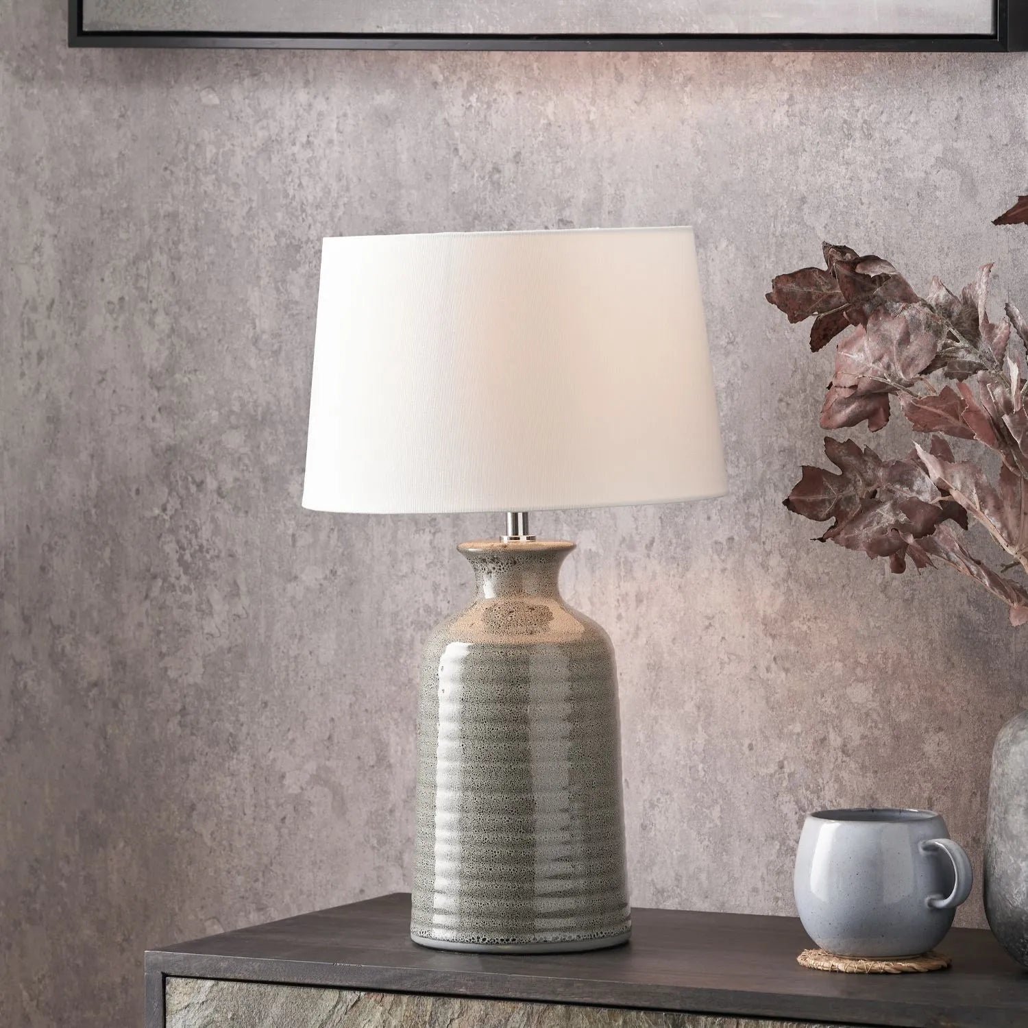 Smokey Green Ribbed Ceramic Table Lamp with White Tapered Cotton Shade & Reactive Glaze Finish – Sculptural Bottle-Shaped Table Light 49x30x30cm | Click Style