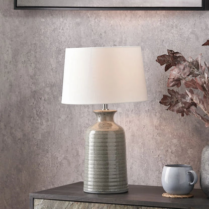 Smokey Green Ribbed Ceramic Table Lamp with White Tapered Cotton Shade & Reactive Glaze Finish – Sculptural Bottle-Shaped Table Light 49x30x30cm | Click Style