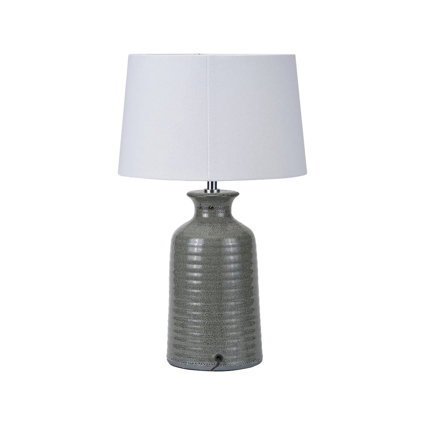 Smokey Green Ribbed Ceramic Table Lamp with White Tapered Cotton Shade & Reactive Glaze Finish – Sculptural Bottle-Shaped Table Light 49x30x30cm | Click Style