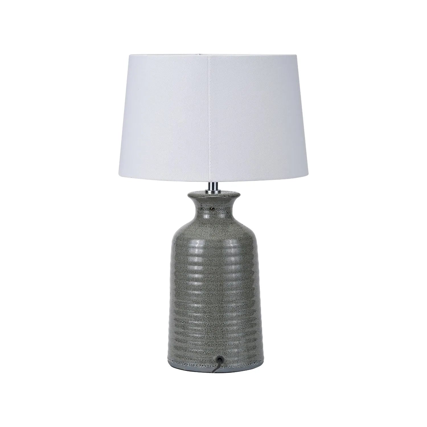 Smokey Green Ribbed Ceramic Table Lamp with White Tapered Cotton Shade & Reactive Glaze Finish – Sculptural Bottle-Shaped Table Light 49x30x30cm | Click Style