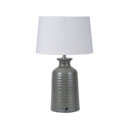 Smokey Green Ribbed Ceramic Table Lamp with White Tapered Cotton Shade & Reactive Glaze Finish – Sculptural Bottle-Shaped Table Light 49x30x30cm | Click Style