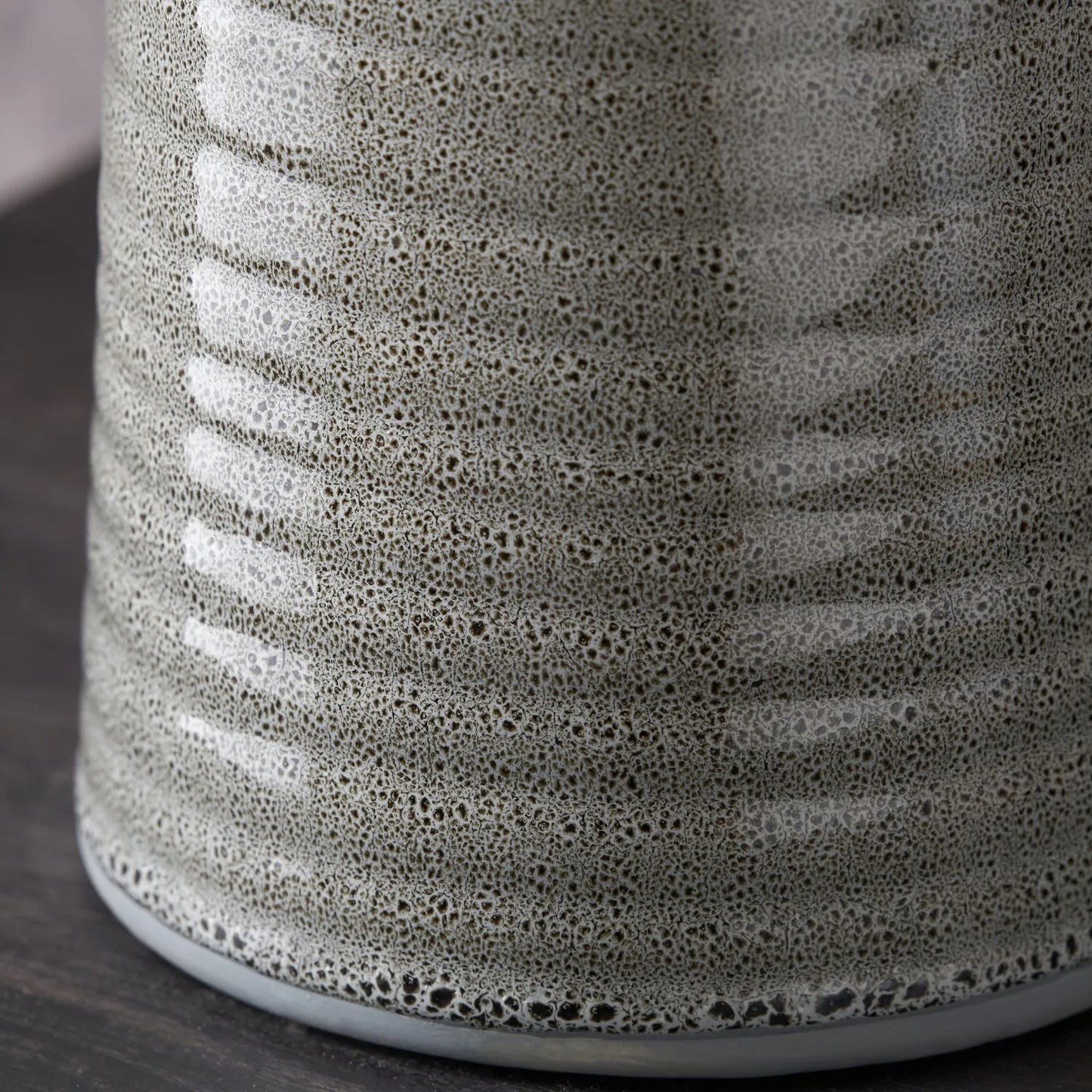 Smokey Green Ribbed Ceramic Table Lamp with White Tapered Cotton Shade & Reactive Glaze Finish – Sculptural Bottle-Shaped Table Light 49x30x30cm | Click Style