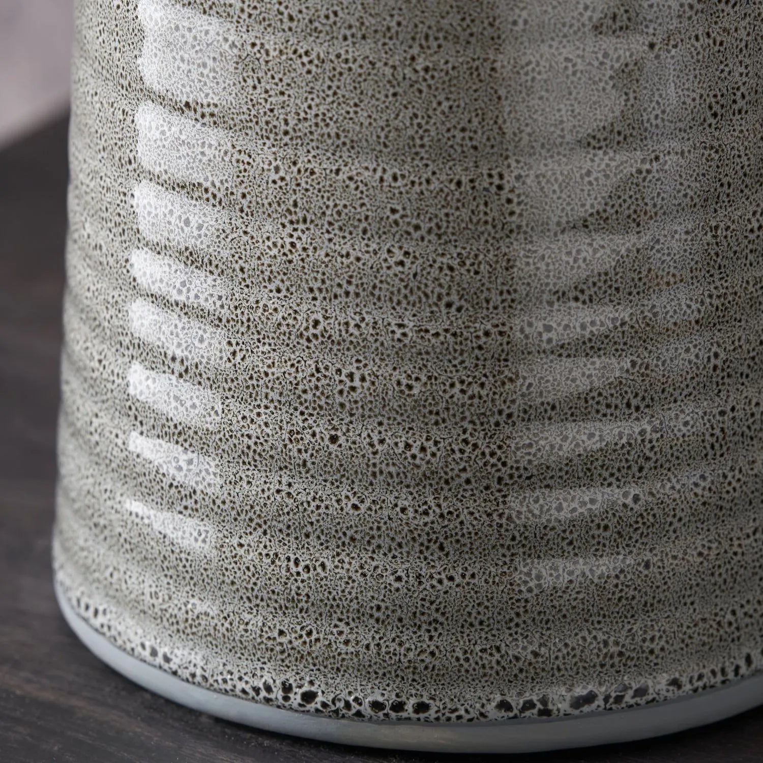 Smokey Green Ribbed Ceramic Table Lamp with White Tapered Cotton Shade & Reactive Glaze Finish – Sculptural Bottle-Shaped Table Light 49x30x30cm | Click Style