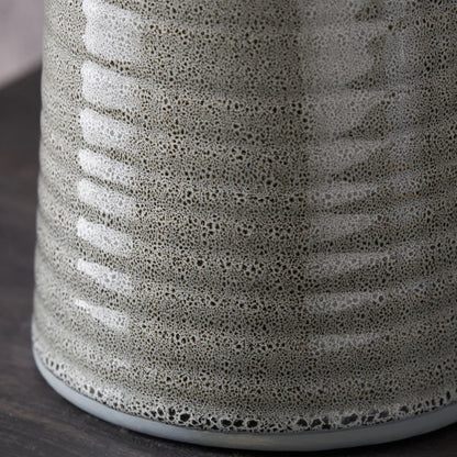 Smokey Green Ribbed Ceramic Table Lamp with White Tapered Cotton Shade & Reactive Glaze Finish – Sculptural Bottle-Shaped Table Light 49x30x30cm | Click Style