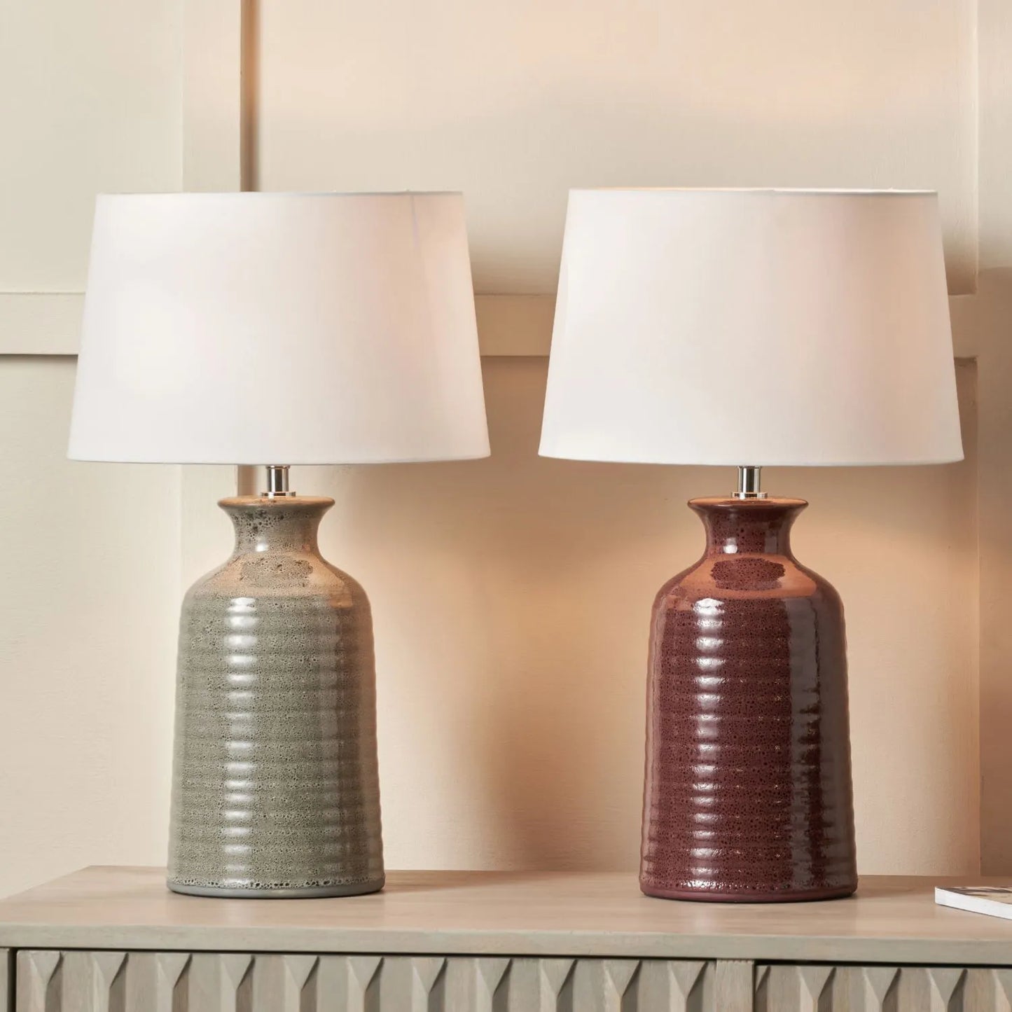 Smokey Green Ribbed Ceramic Table Lamp with White Tapered Cotton Shade & Reactive Glaze Finish – Sculptural Bottle-Shaped Table Light 49x30x30cm | Click Style