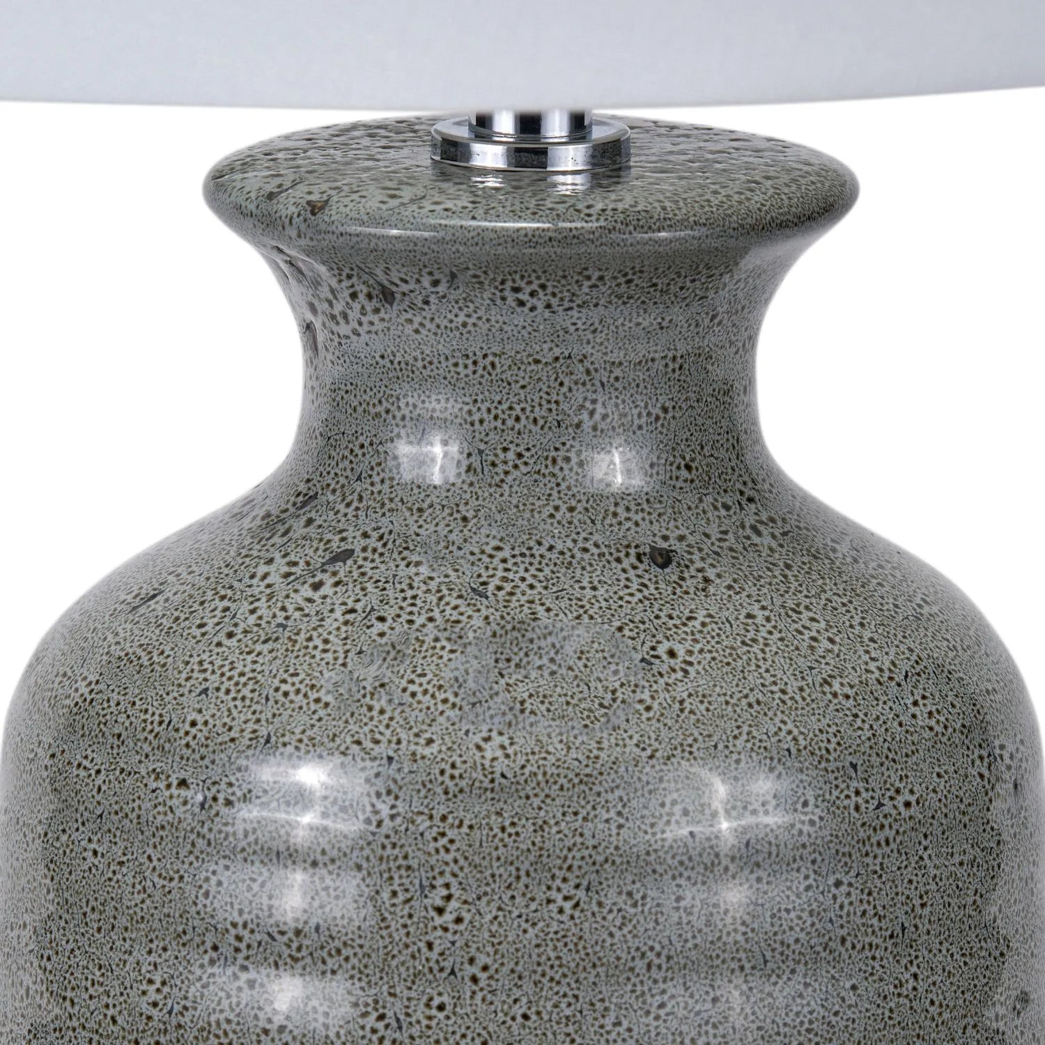 Smokey Green Ribbed Ceramic Table Lamp with White Tapered Cotton Shade & Reactive Glaze Finish – Sculptural Bottle-Shaped Table Light 49x30x30cm | Click Style