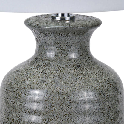 Smokey Green Ribbed Ceramic Table Lamp with White Tapered Cotton Shade & Reactive Glaze Finish – Sculptural Bottle-Shaped Table Light 49x30x30cm | Click Style