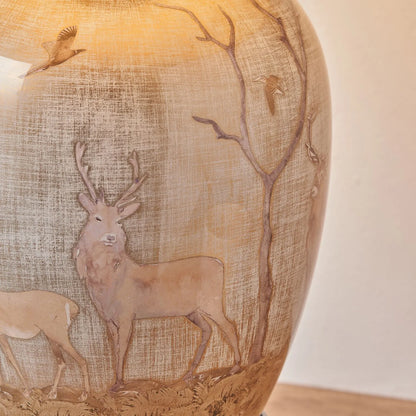 Jenny Worrall Stag & Birds Cream Champagne & Gold Glass Table Lamp Base with Bulbous Shape & Raised Antique Brass Feet – Handcrafted Stag Woodland Scene Lighting 35x20x20cm | Click Style