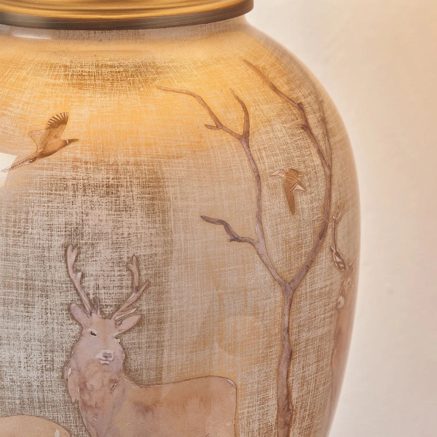Jenny Worrall Stag & Birds Cream Champagne & Gold Glass Table Lamp Base with Bulbous Shape & Raised Antique Brass Feet – Handcrafted Stag Woodland Scene Lighting 35x20x20cm | Click Style