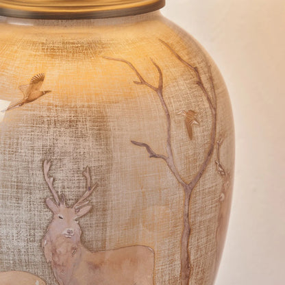 Jenny Worrall Stag & Birds Cream Champagne & Gold Glass Table Lamp Base with Bulbous Shape & Raised Antique Brass Feet – Handcrafted Stag Woodland Scene Lighting 35x20x20cm | Click Style