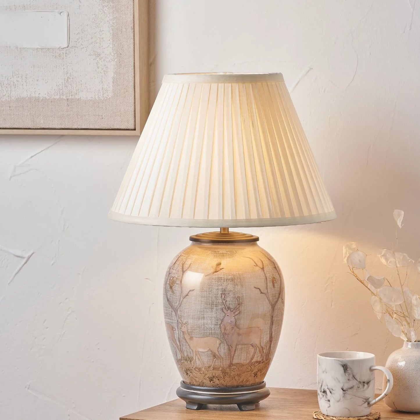 Jenny Worrall Stag & Birds Cream Champagne & Gold Glass Table Lamp Base with Bulbous Shape & Raised Antique Brass Feet – Handcrafted Stag Woodland Scene Lighting 35x20x20cm | Click Style