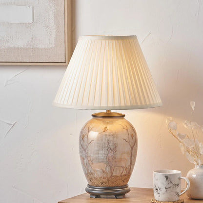 Jenny Worrall Stag & Birds Cream Champagne & Gold Glass Table Lamp Base with Bulbous Shape & Raised Antique Brass Feet – Handcrafted Stag Woodland Scene Lighting 35x20x20cm | Click Style