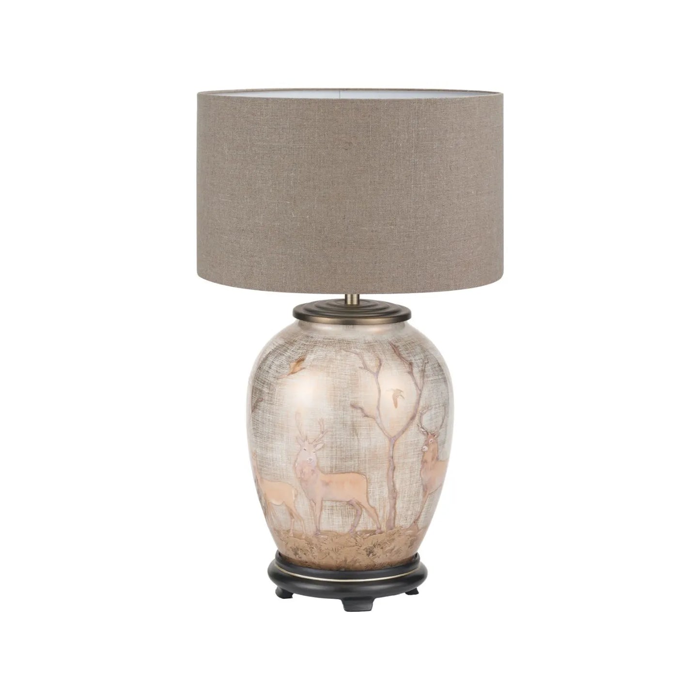 Jenny Worrall Stag & Birds Cream Champagne & Gold Glass Table Lamp Base with Bulbous Shape & Raised Antique Brass Feet – Handcrafted Stag Woodland Scene Lighting 35x20x20cm | Click Style