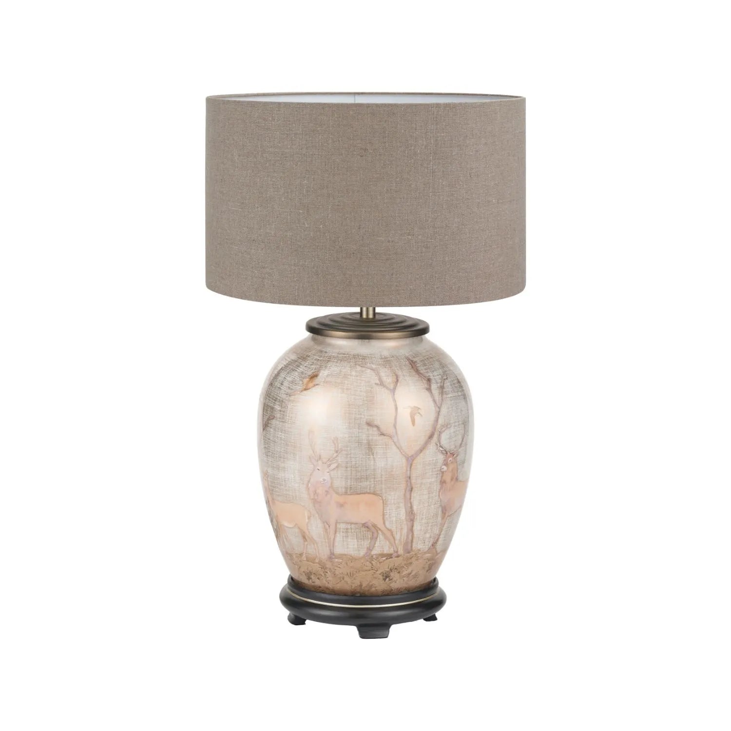 Jenny Worrall Stag & Birds Cream Champagne & Gold Glass Table Lamp Base with Bulbous Shape & Raised Antique Brass Feet – Handcrafted Stag Woodland Scene Lighting 35x20x20cm | Click Style