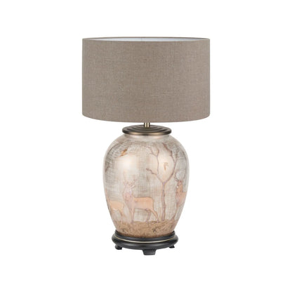 Jenny Worrall Stag & Birds Cream Champagne & Gold Glass Table Lamp Base with Bulbous Shape & Raised Antique Brass Feet – Handcrafted Stag Woodland Scene Lighting 35x20x20cm | Click Style