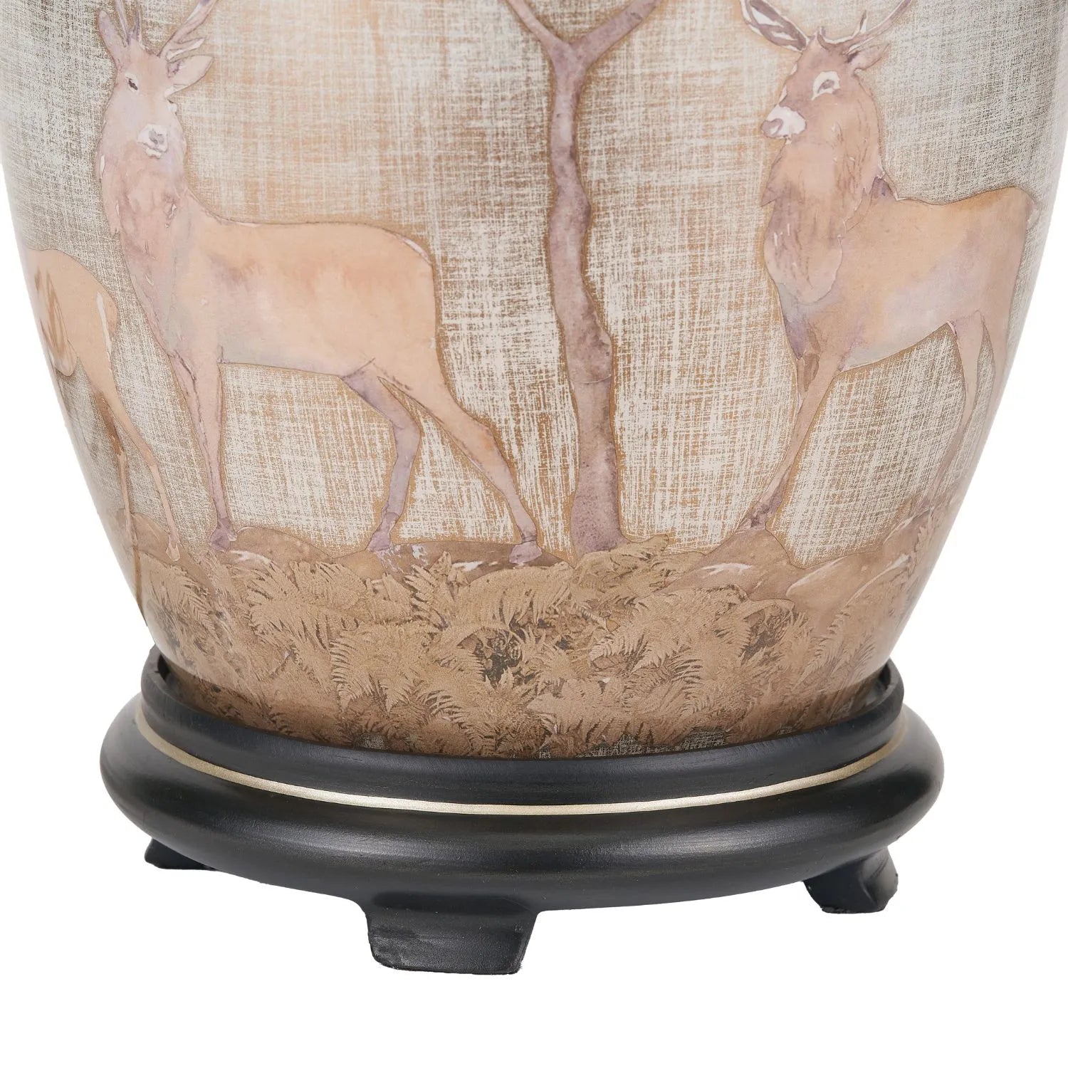 Jenny Worrall Stag & Birds Cream Champagne & Gold Glass Table Lamp Base with Bulbous Shape & Raised Antique Brass Feet – Handcrafted Stag Woodland Scene Lighting 35x20x20cm | Click Style