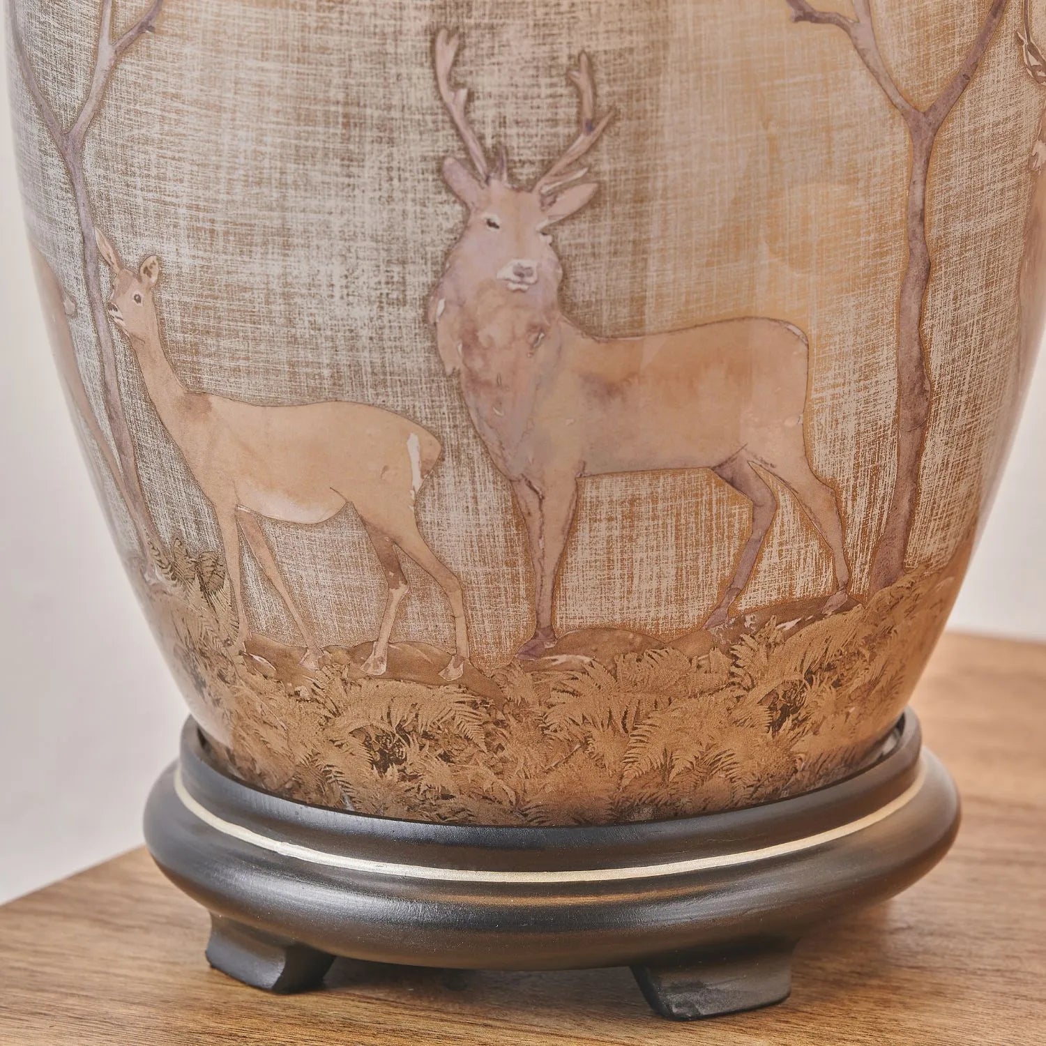 Jenny Worrall Stag & Birds Cream Champagne & Gold Glass Table Lamp Base with Bulbous Shape & Raised Antique Brass Feet – Handcrafted Stag Woodland Scene Lighting 35x20x20cm | Click Style