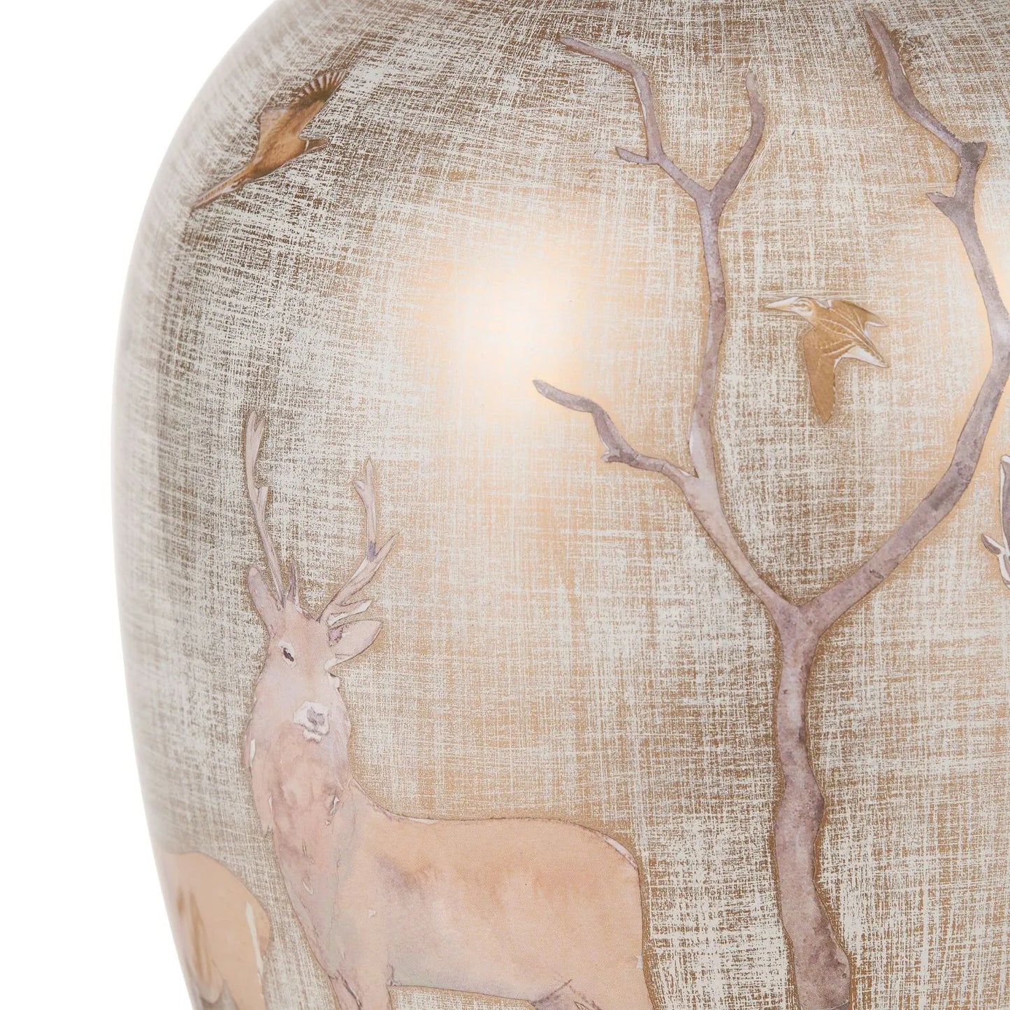 Jenny Worrall Stag & Birds Cream Champagne & Gold Glass Table Lamp Base with Bulbous Shape & Raised Antique Brass Feet – Handcrafted Stag Woodland Scene Lighting 35x20x20cm | Click Style