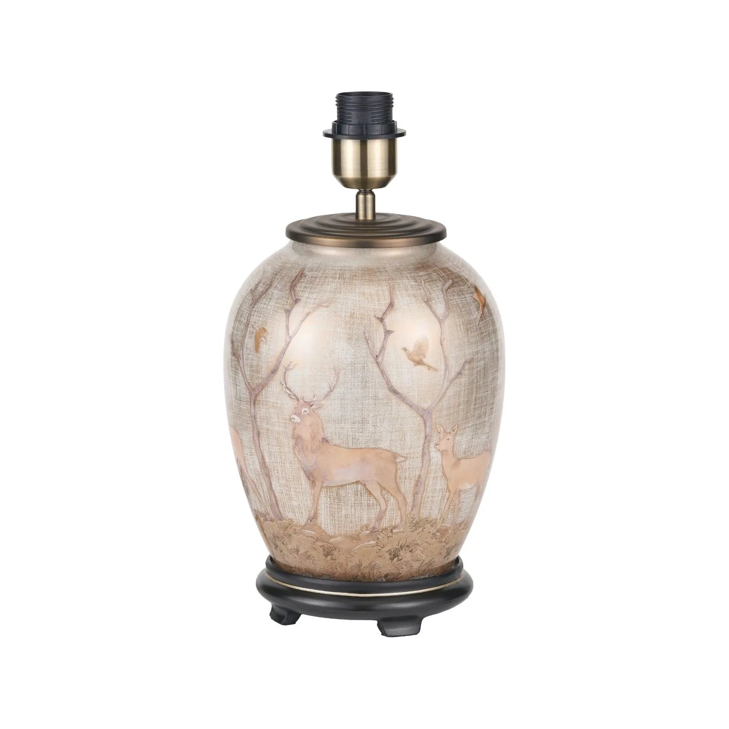Jenny Worrall Stag & Birds Cream Champagne & Gold Glass Table Lamp Base with Bulbous Shape & Raised Antique Brass Feet – Handcrafted Stag Woodland Scene Lighting 35x20x20cm | Click Style