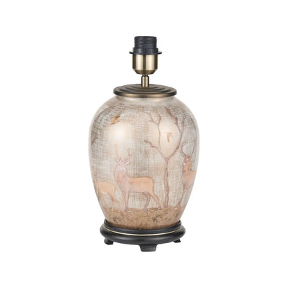 Jenny Worrall Stag & Birds cream champagne and gold glass table lamp with almond cream silk knife pleat tapered shade 52x35x35cm | Click Style