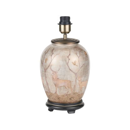 Jenny Worrall Stag & Birds cream champagne and gold glass table lamp with almond cream silk knife pleat tapered shade 52x35x35cm | Click Style