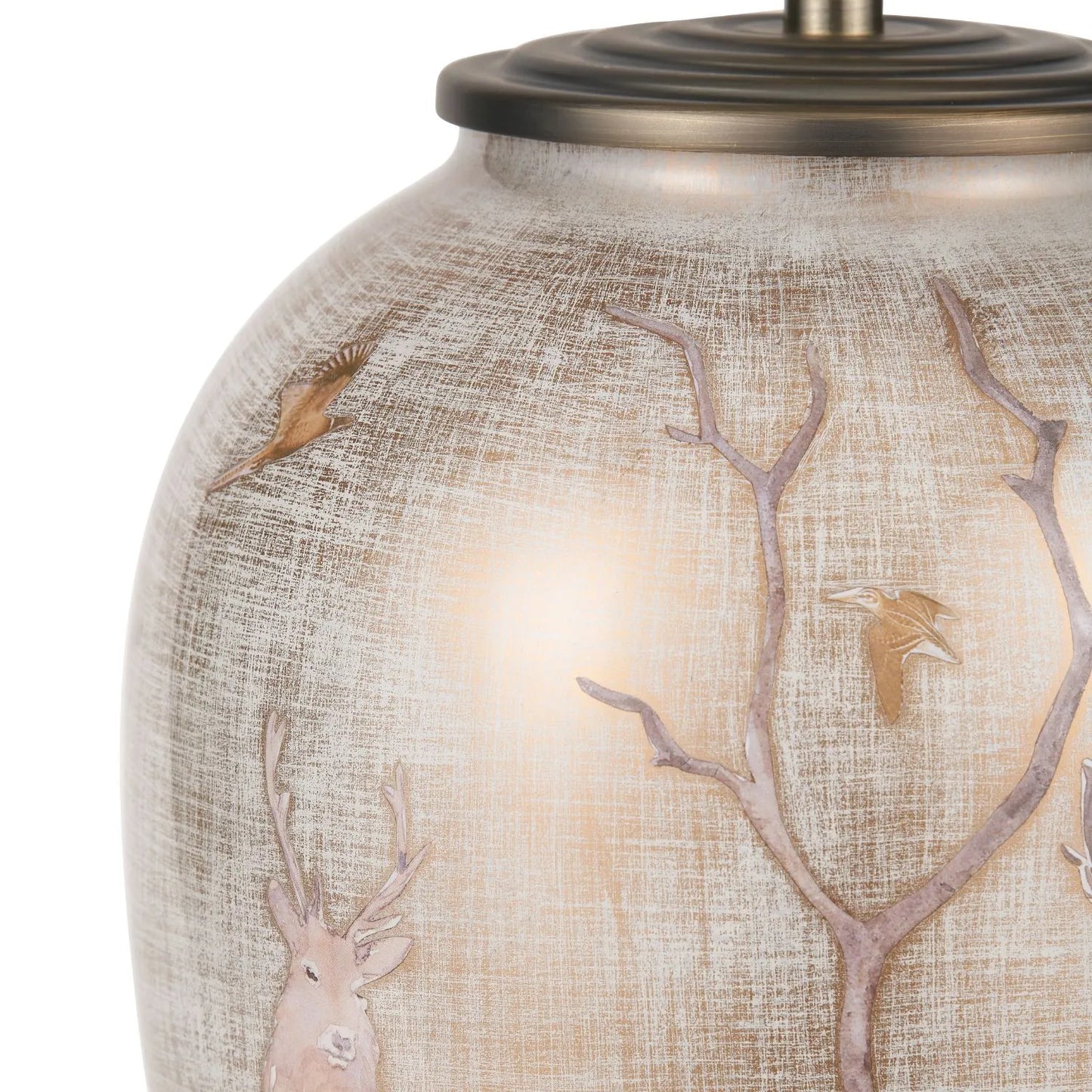 Jenny Worrall Stag & Birds cream champagne and gold glass table lamp with almond cream silk knife pleat tapered shade 52x35x35cm | Click Style