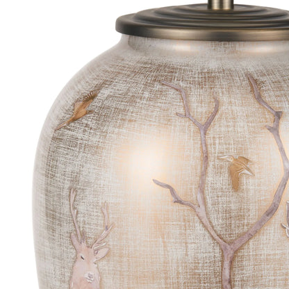 Jenny Worrall Stag & Birds cream champagne and gold glass table lamp with almond cream silk knife pleat tapered shade 52x35x35cm | Click Style