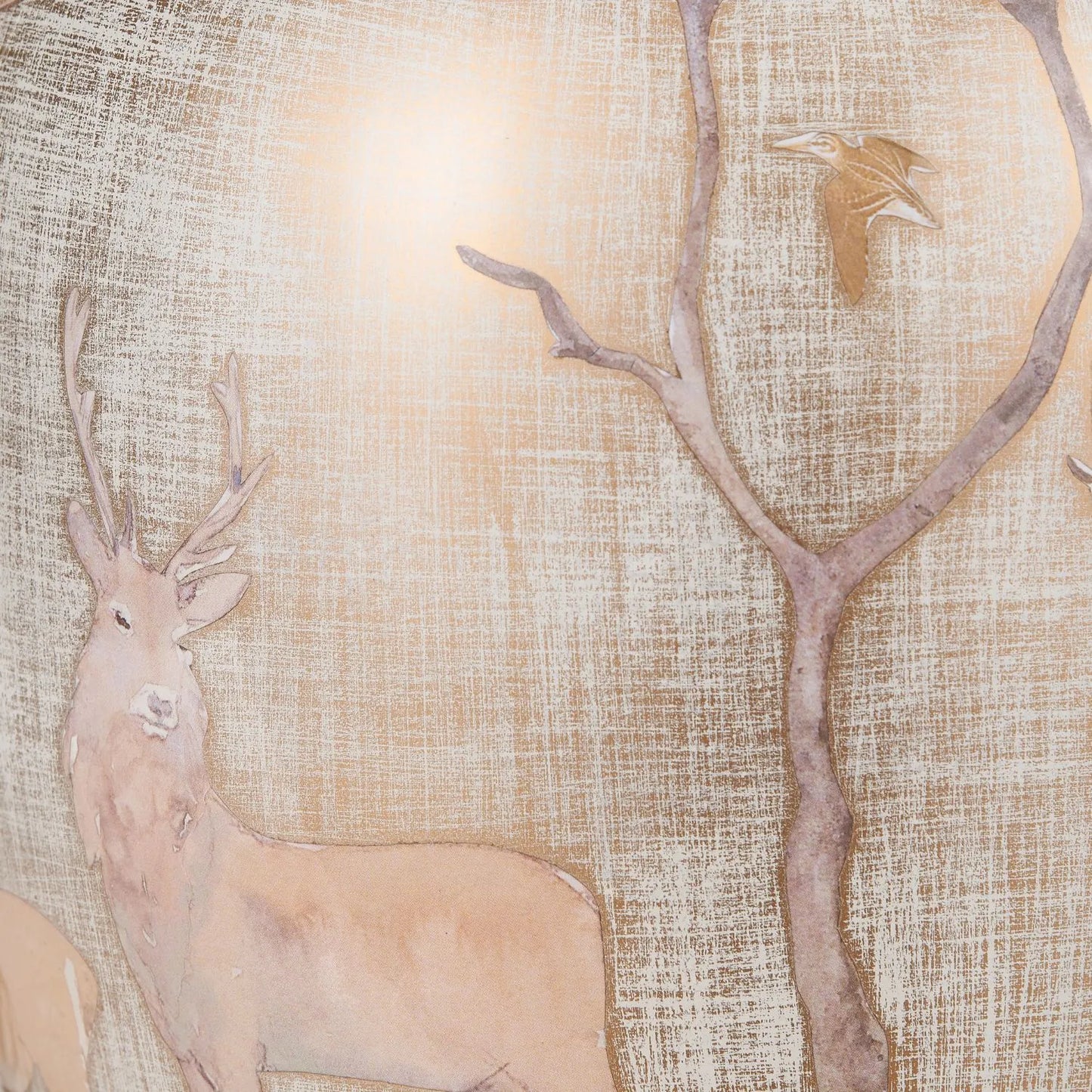 Jenny Worrall Stag & Birds cream champagne and gold glass table lamp with almond cream silk knife pleat tapered shade 52x35x35cm | Click Style