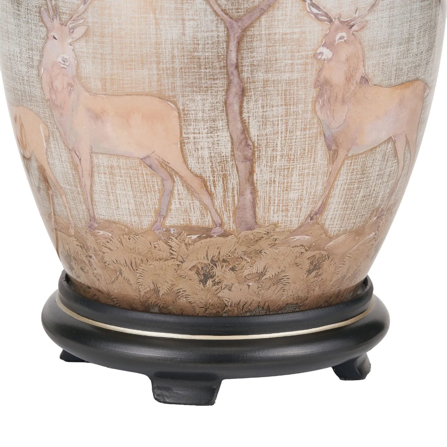 Jenny Worrall Stag & Birds cream champagne and gold glass table lamp with almond cream silk knife pleat tapered shade 52x35x35cm | Click Style