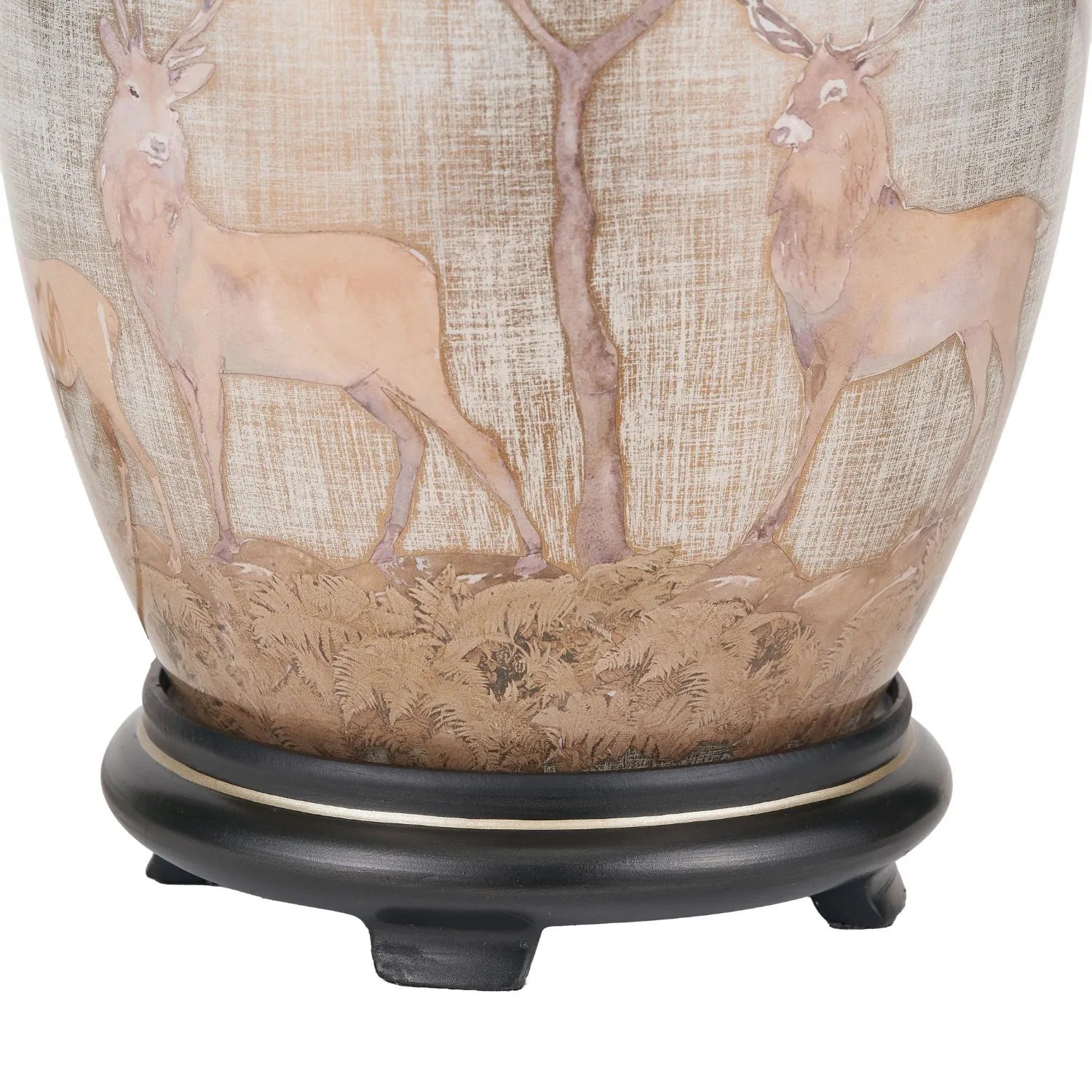 Jenny Worrall Stag & Birds cream champagne and gold glass table lamp with almond cream silk knife pleat tapered shade 52x35x35cm | Click Style