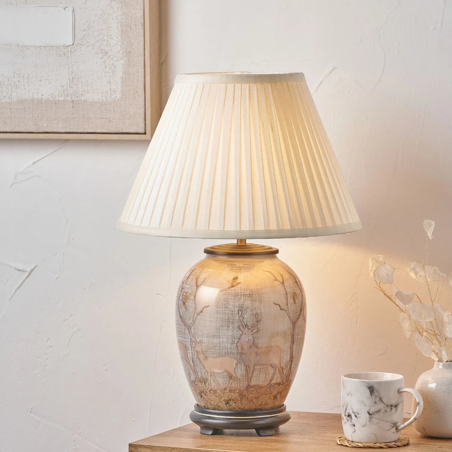 Jenny Worrall Stag & Birds cream champagne and gold glass table lamp with almond cream silk knife pleat tapered shade 52x35x35cm | Click Style