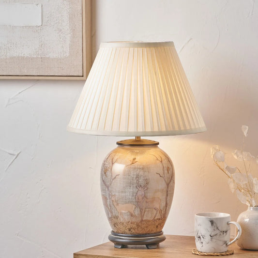 Jenny Worrall Stag & Birds cream champagne and gold glass table lamp with almond cream silk knife pleat tapered shade 52x35x35cm | Click Style