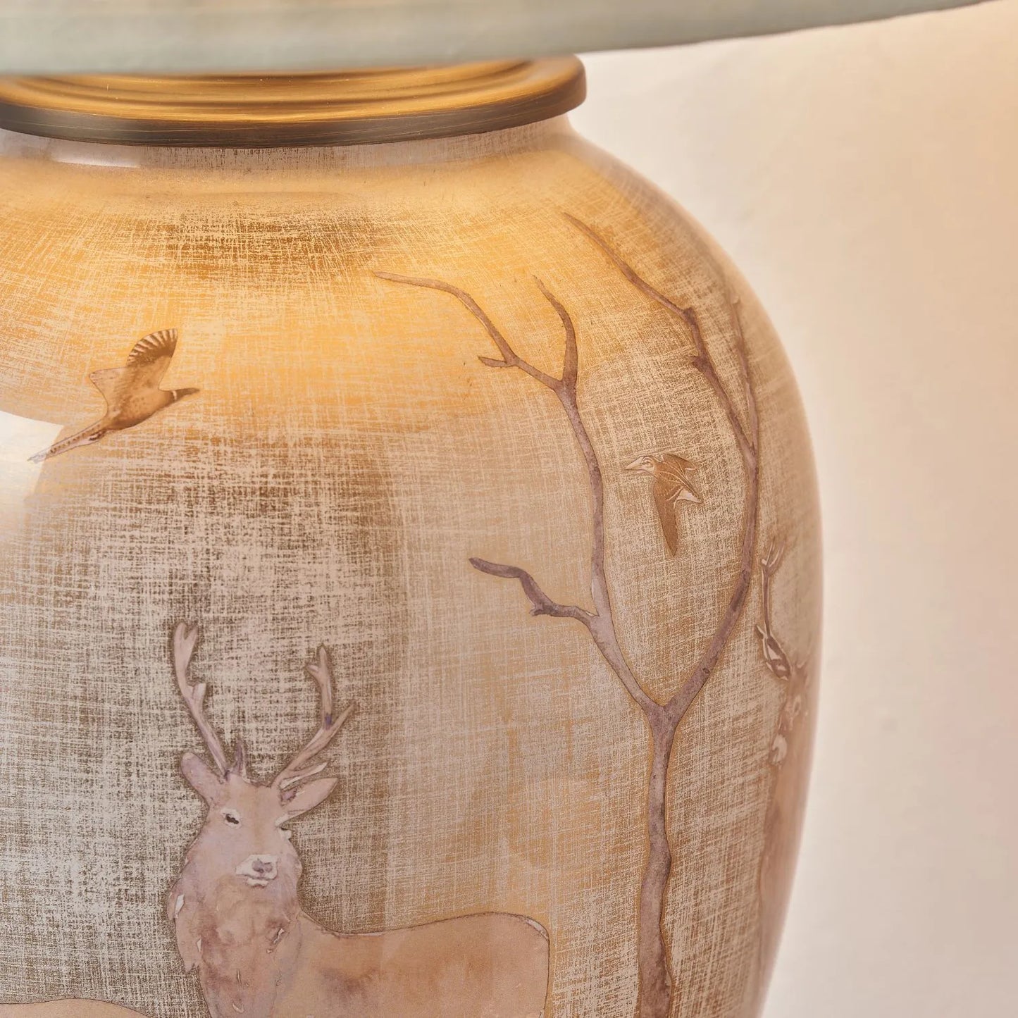 Jenny Worrall Stag & Birds cream champagne and gold glass table lamp with almond cream silk knife pleat tapered shade 52x35x35cm | Click Style