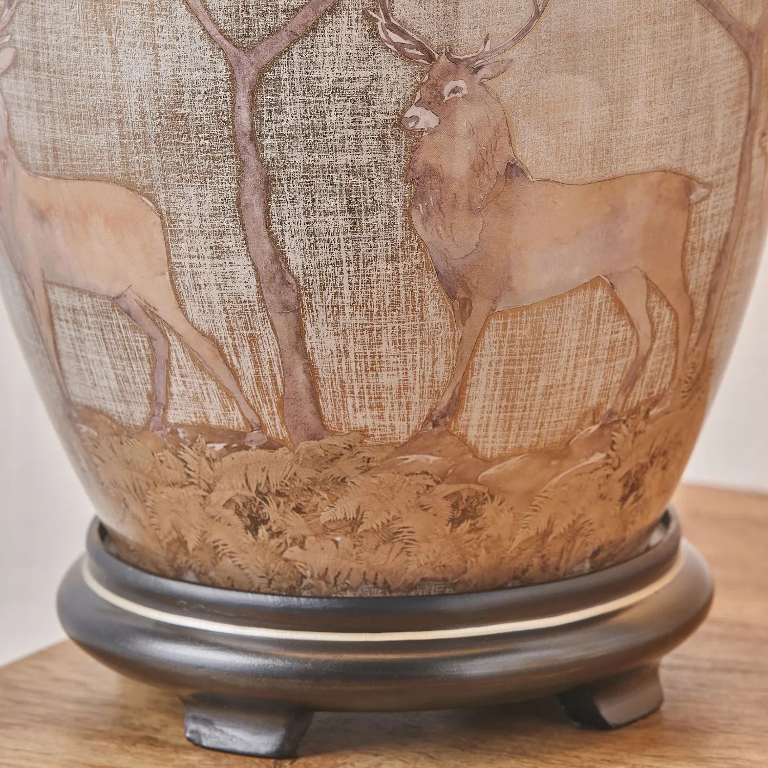 Jenny Worrall Stag & Birds cream champagne and gold glass table lamp with almond cream silk knife pleat tapered shade 52x35x35cm | Click Style