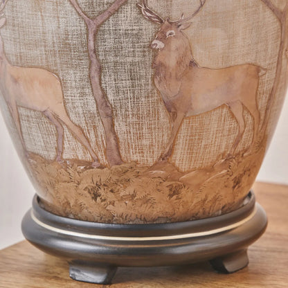 Jenny Worrall Stag & Birds cream champagne and gold glass table lamp with almond cream silk knife pleat tapered shade 52x35x35cm | Click Style