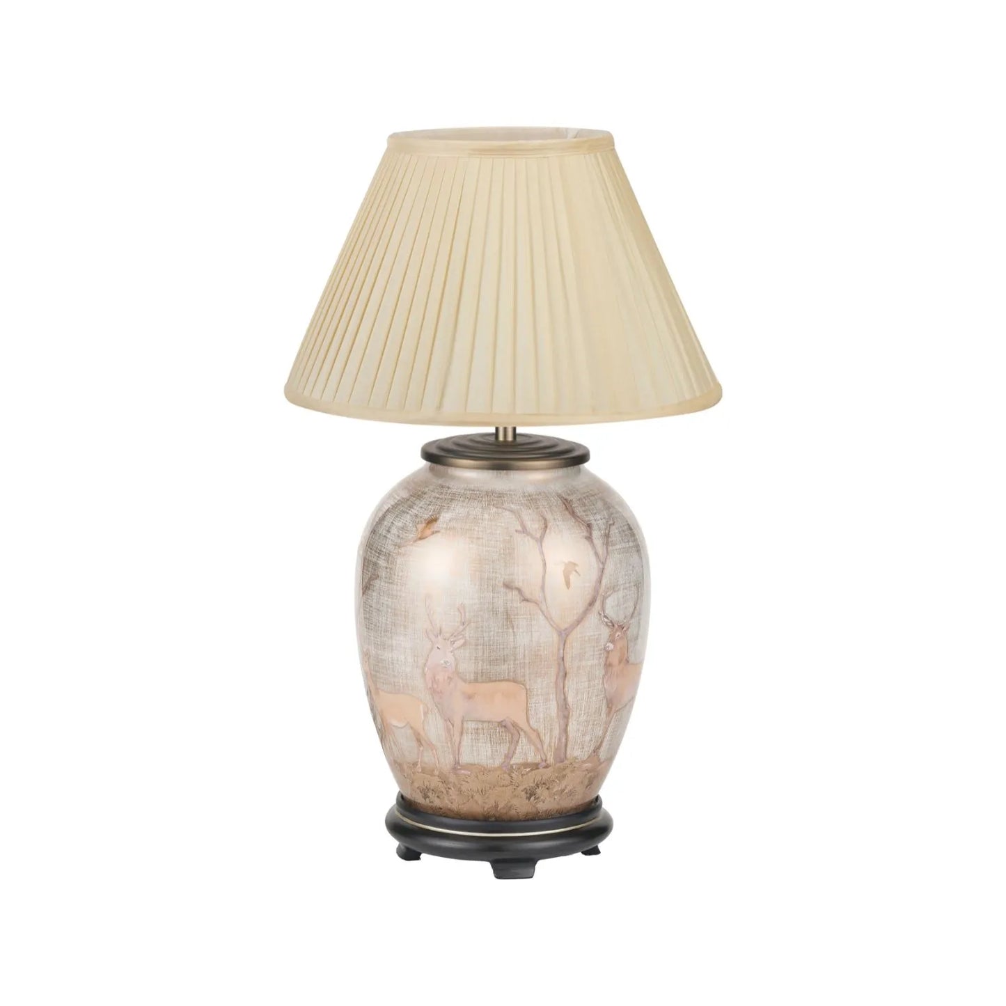 Jenny Worrall Stag & Birds cream champagne and gold glass table lamp with almond cream silk knife pleat tapered shade 52x35x35cm | Click Style