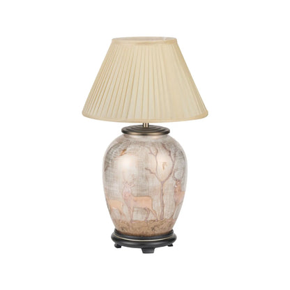 Jenny Worrall Stag & Birds cream champagne and gold glass table lamp with almond cream silk knife pleat tapered shade 52x35x35cm | Click Style