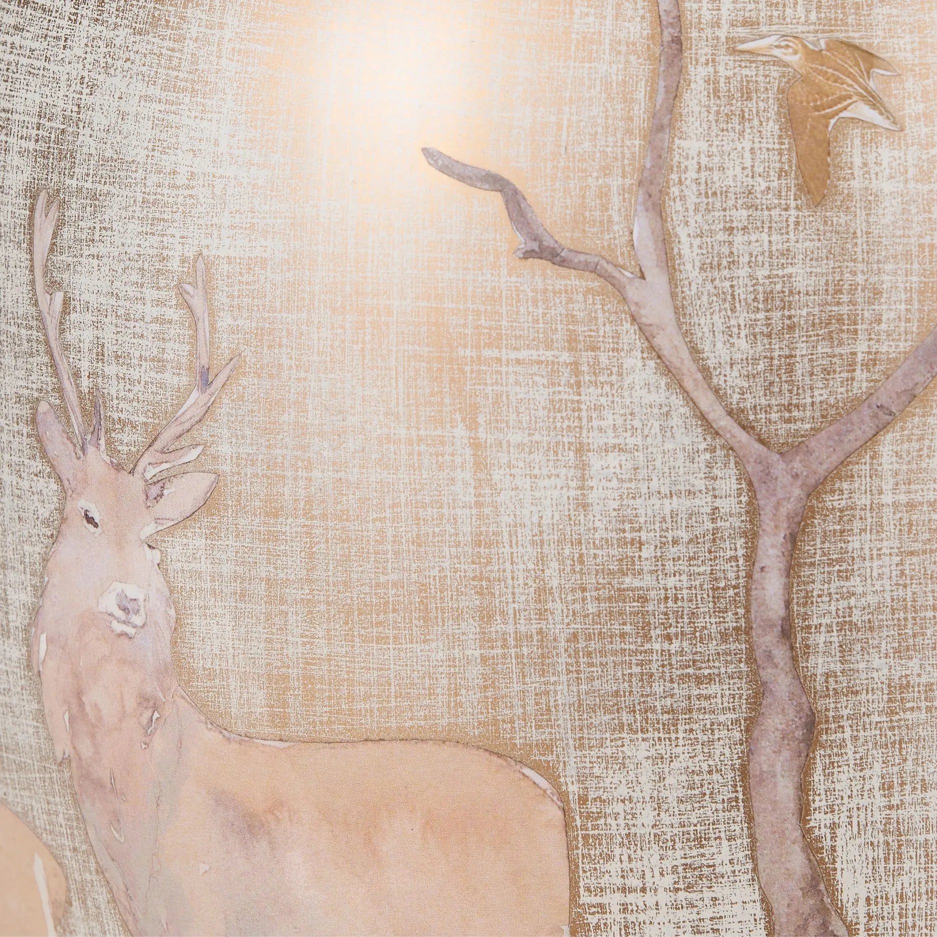 Jenny Worrall Stag & Birds Cream Champagne & Gold Glass Table Lamp with Natural Linen Drum Shade – Handcrafted Deer Woodland Scene Lighting 46x30x30cm | Click Style