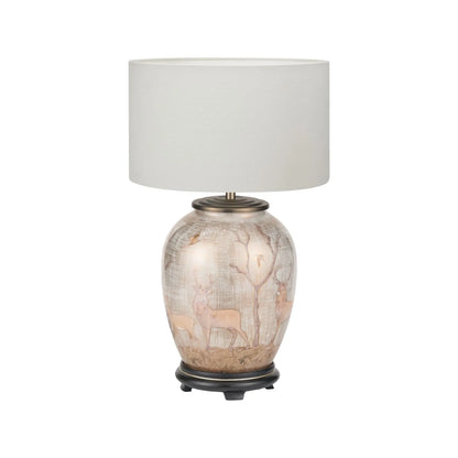 Jenny Worrall Stag & Birds Cream Champagne & Gold Glass Table Lamp with White Handloom Drum Shade – Handcrafted Woodland Scene Lighting 52x35x35cm | Click Style