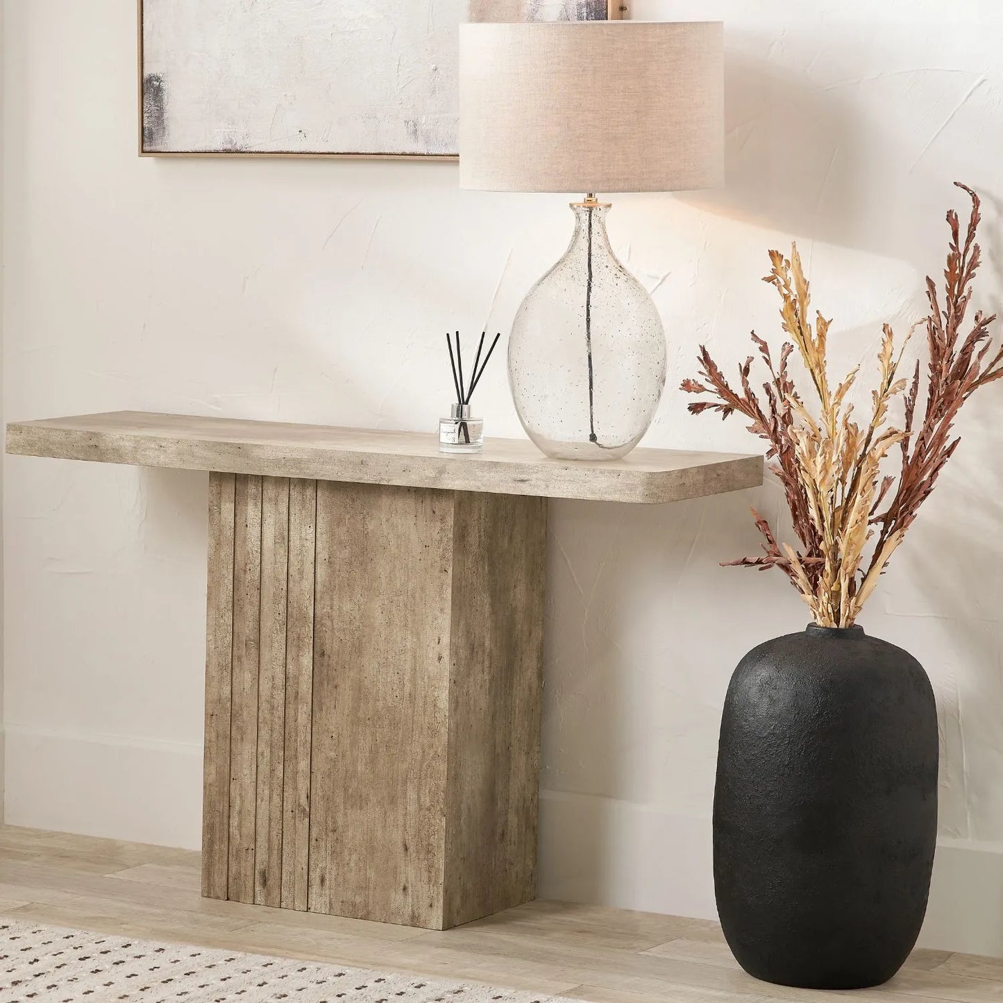 Stone Concrete Effect Console Table with Grooved Pedestal Base – Modern Hallway & Living Room Console Table in Stone Concrete Effect Finish with Sculptural Grooved Pedestal 76x120x40cm | Click Style