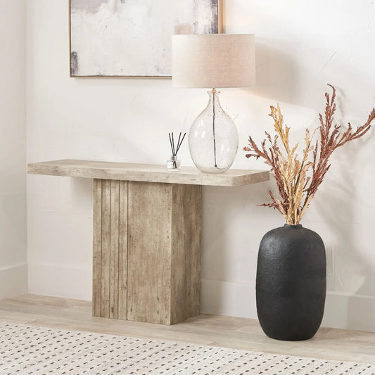Stone Concrete Effect Console Table with Grooved Pedestal Base – Modern Hallway & Living Room Console Table in Stone Concrete Effect Finish with Sculptural Grooved Pedestal 76x120x40cm | Click Style