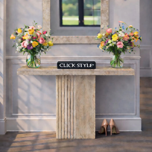 Stone Concrete Effect Console Table with Grooved Pedestal Base – Modern Hallway & Living Room Console Table in Stone Concrete Effect Finish with Sculptural Grooved Pedestal 76x120x40cm | Click Style