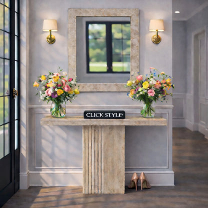 Stone Concrete Effect Console Table with Grooved Pedestal Base – Modern Hallway & Living Room Console Table in Stone Concrete Effect Finish with Sculptural Grooved Pedestal 76x120x40cm | Click Style