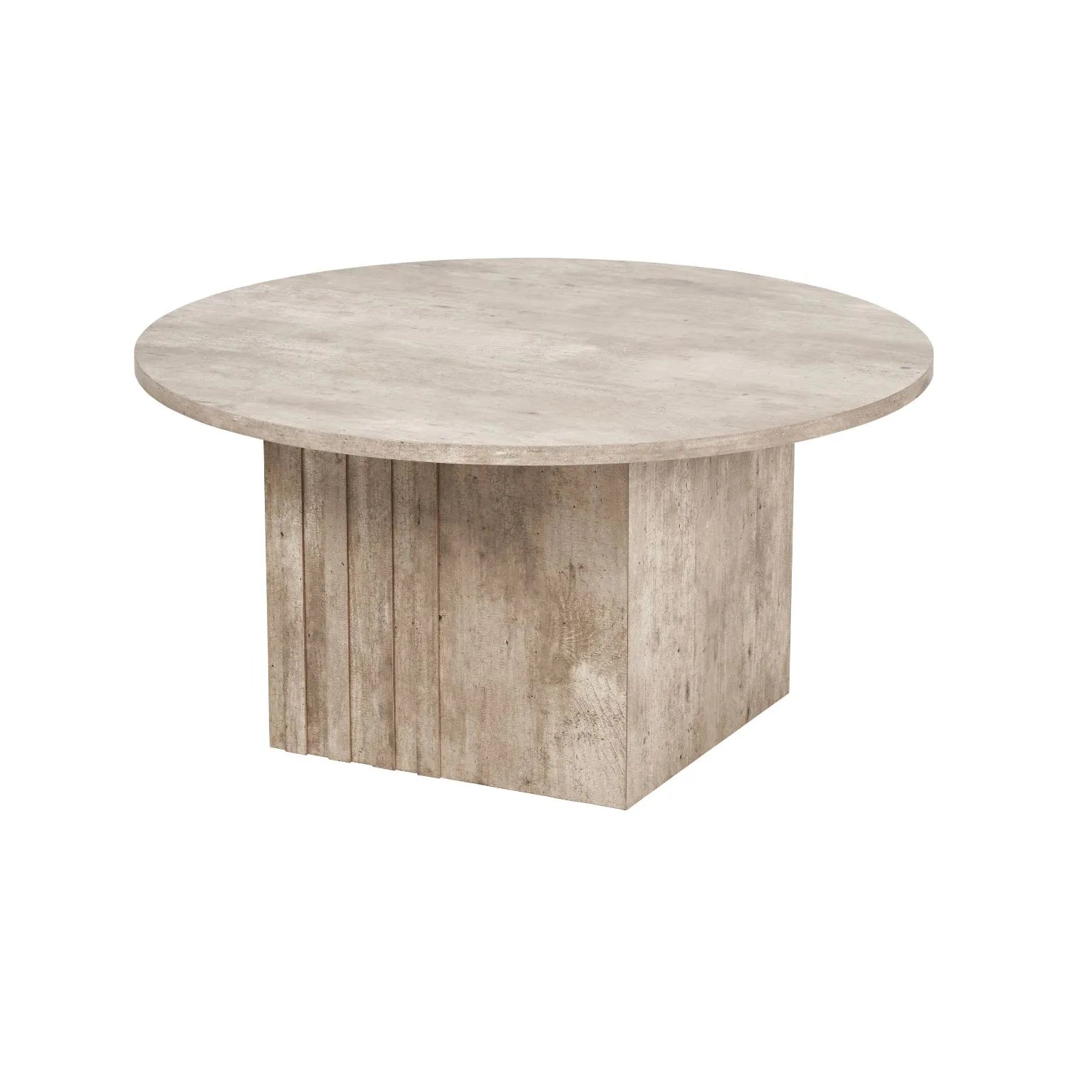 Stone Concrete Effect Round Coffee Table with Vertical Grooved Pedestal Base – Modern Beige & Grey Stone-Effect Pedestal Coffee Table with Textured Round Top for Contemporary Neutral Living Room Interior 80x80x40cm | Click Style