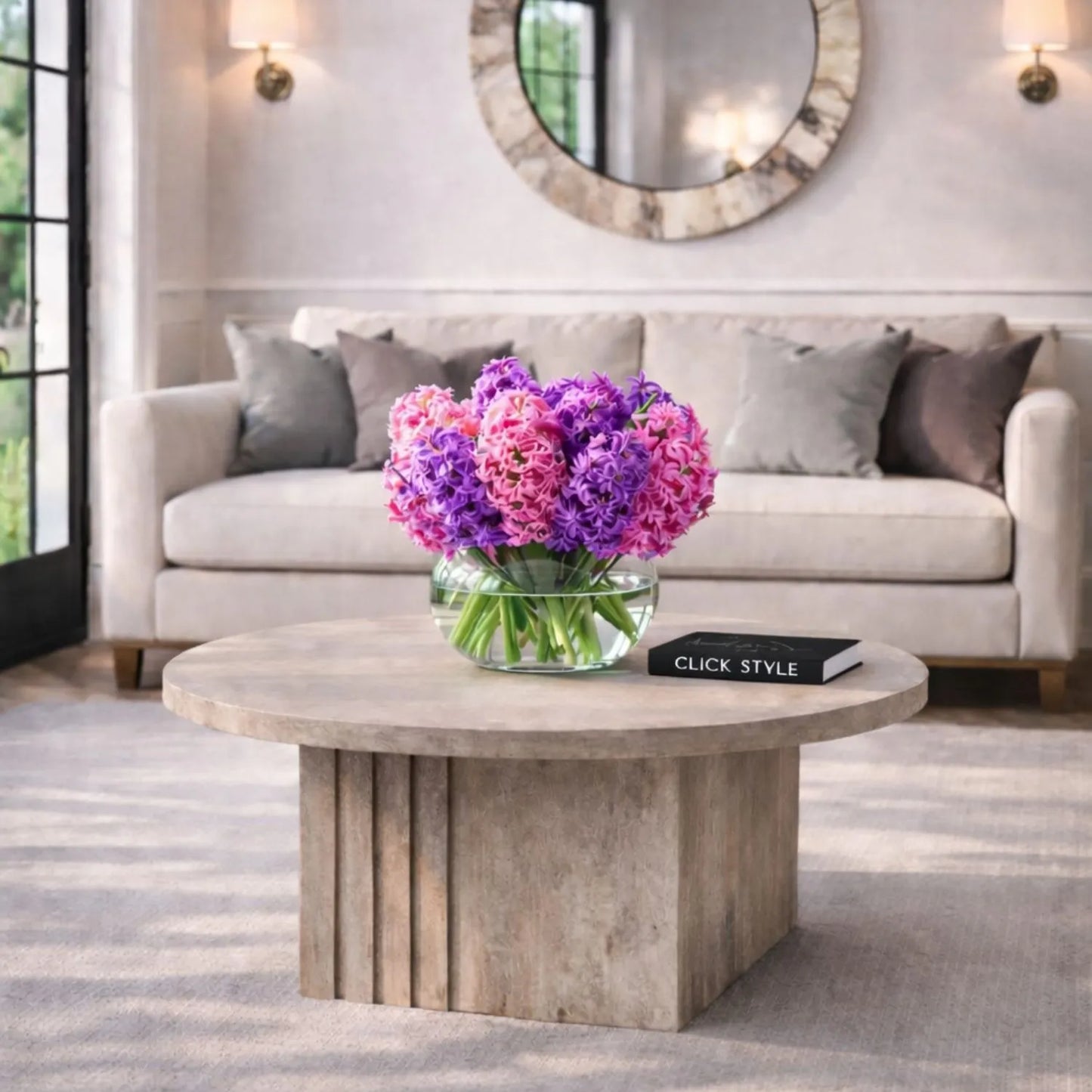 Stone Concrete Effect Round Coffee Table with Vertical Grooved Pedestal Base – Modern Beige & Grey Stone-Effect Pedestal Coffee Table with Textured Round Top for Contemporary Neutral Living Room Interior 80x80x40cm | Click Style