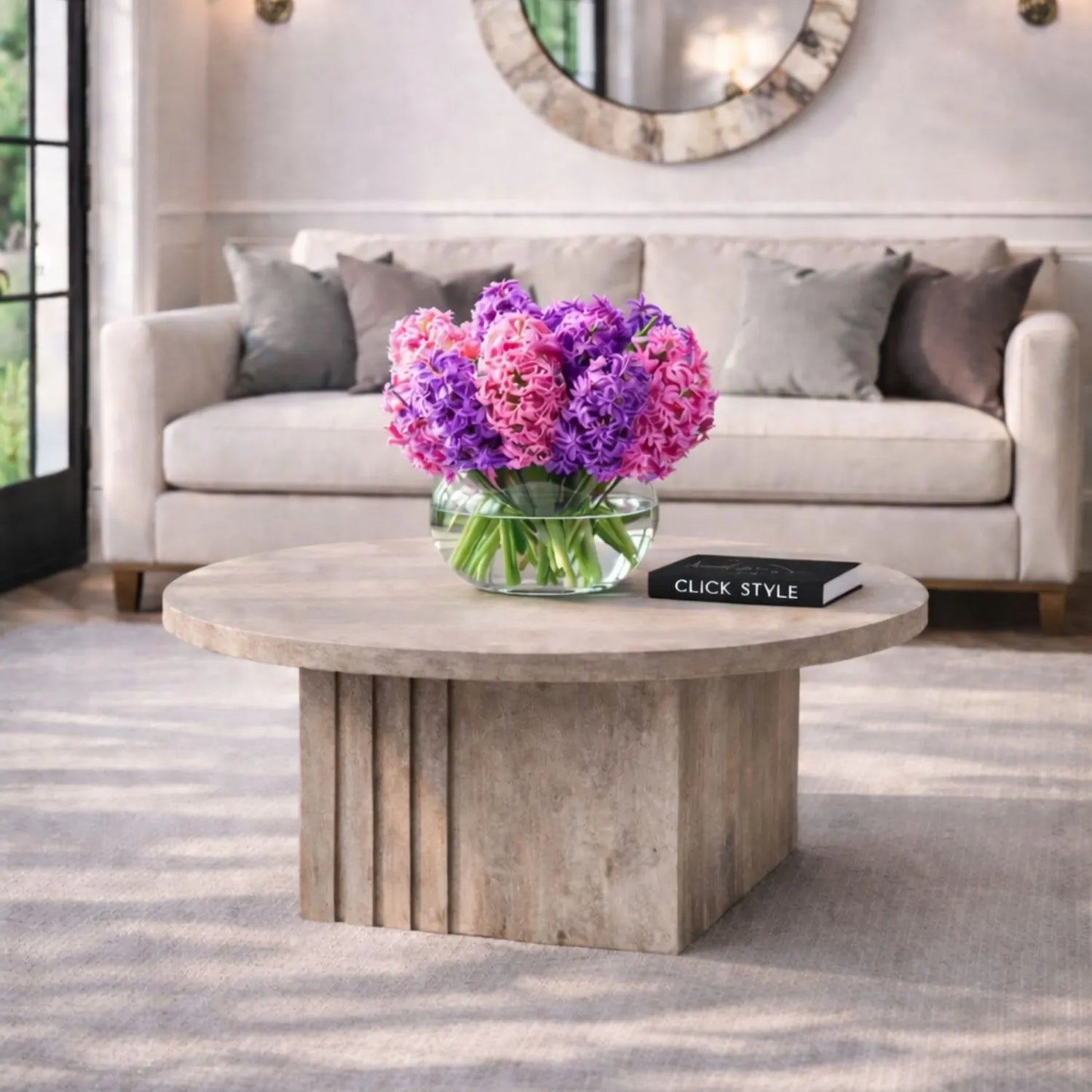 Stone Concrete Effect Round Coffee Table with Vertical Grooved Pedestal Base – Modern Beige & Grey Stone-Effect Pedestal Coffee Table with Textured Round Top for Contemporary Neutral Living Room Interior 80x80x40cm | Click Style