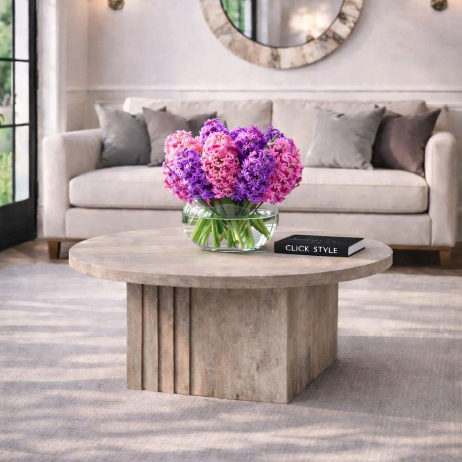 Stone Concrete Effect Round Coffee Table with Vertical Grooved Pedestal Base – Modern Beige & Grey Stone-Effect Pedestal Coffee Table with Textured Round Top for Contemporary Neutral Living Room Interior 80x80x40cm | Click Style