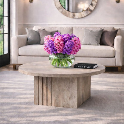 Stone Concrete Effect Round Coffee Table with Vertical Grooved Pedestal Base – Modern Beige & Grey Stone-Effect Pedestal Coffee Table with Textured Round Top for Contemporary Neutral Living Room Interior 80x80x40cm | Click Style