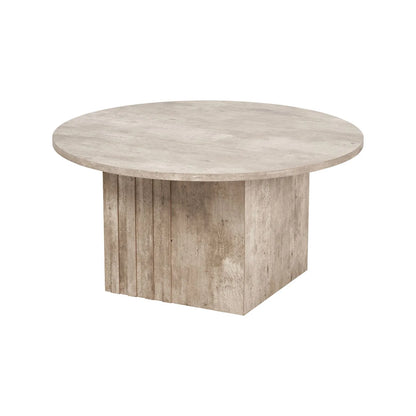 Stone Concrete Effect Round Coffee Table with Vertical Grooved Pedestal Base – Modern Beige & Grey Stone-Effect Pedestal Coffee Table with Textured Round Top for Contemporary Neutral Living Room Interior 80x80x40cm | Click Style